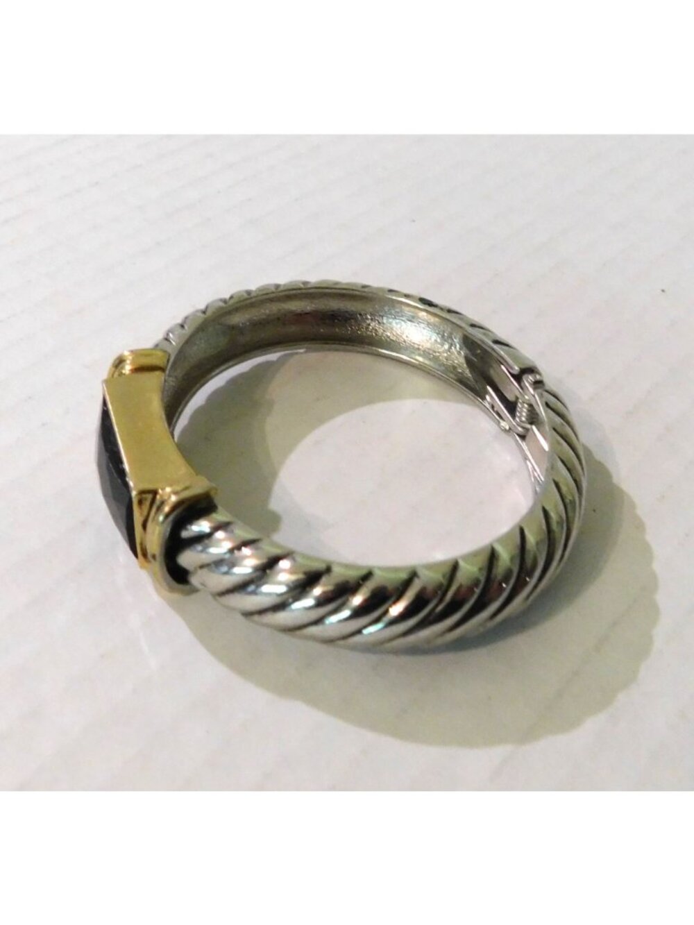 Two-Tone Hinged Bangle Bracelet Silver Gold Accents Black Faceted Stone - Picture 4 of 8